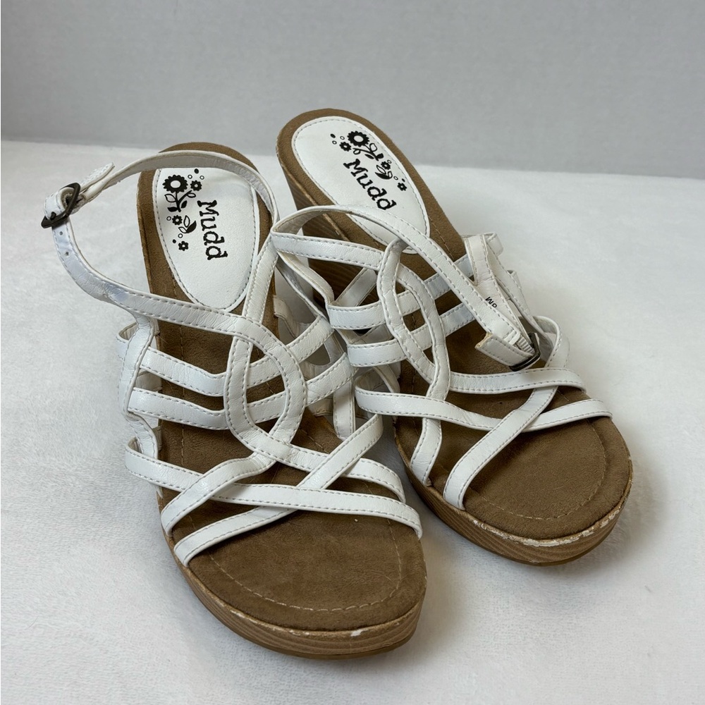 Mudd Y2K Vintage White and Brown Strappy Summer Block Casual Boho Heels Size 8M